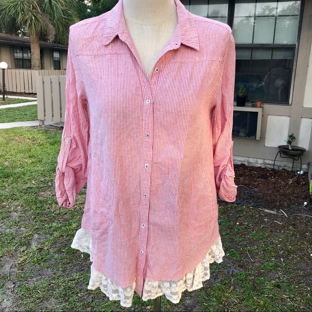Umgee Red Pin-Striped Button-Up Lace Trim Blouse